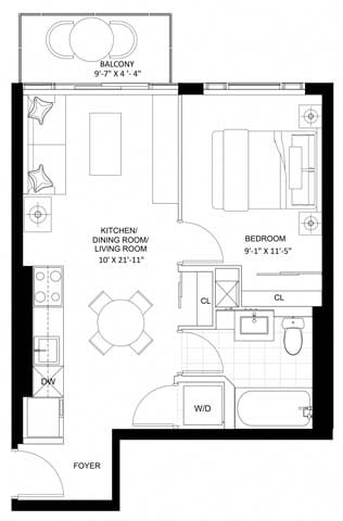 Floor plan for 1 bed, 1 bath, 497 sqft